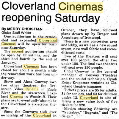 Cloverland Cinema 2 - 1998 ARTICLE ON EXPANSION